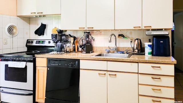 kitchen with white range with electric cooktop, decorative backsplash, sink, and black dishwasher