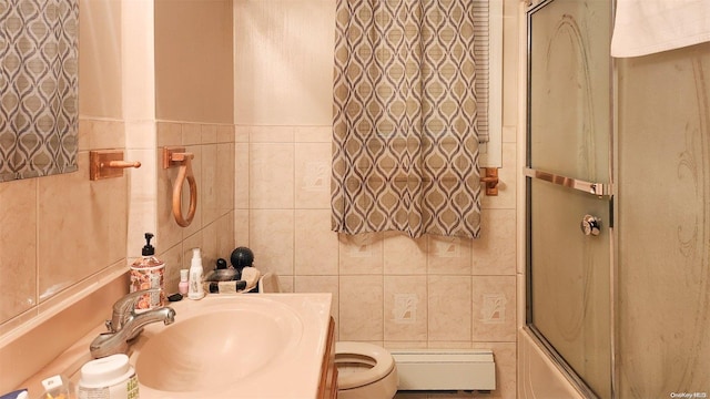 full bathroom featuring enclosed tub / shower combo, tile walls, and toilet