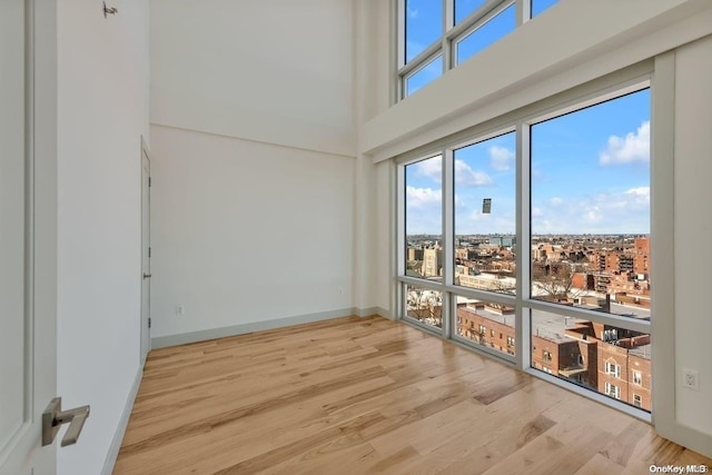 unfurnished room featuring a towering ceiling and light hardwood / wood-style floors