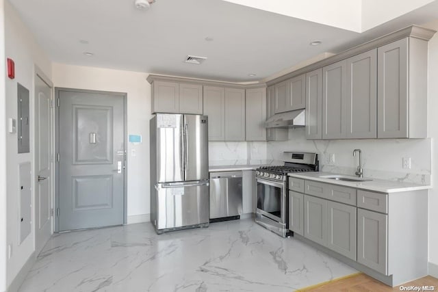 kitchen with appliances with stainless steel finishes, tasteful backsplash, sink, gray cabinets, and electric panel