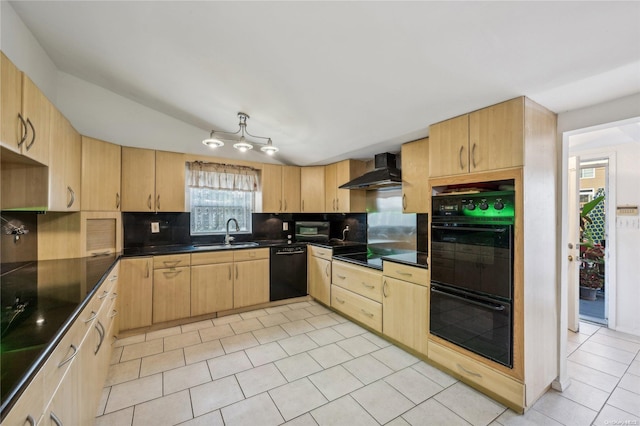 kitchen with black appliances, wall chimney range hood, sink, decorative backsplash, and light brown cabinetry