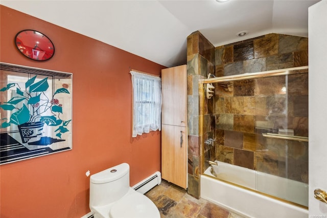 bathroom with toilet, vaulted ceiling, a baseboard heating unit, and enclosed tub / shower combo