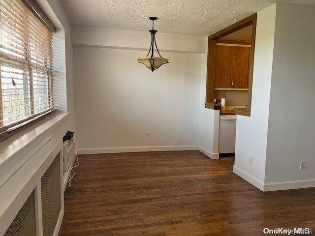 unfurnished dining area featuring dark hardwood / wood-style floors and a textured ceiling