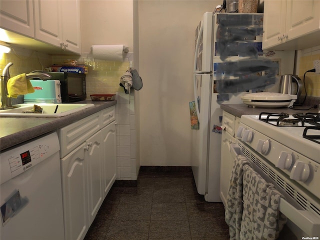 kitchen with white cabinets, decorative backsplash, white appliances, and sink