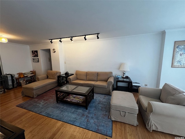 living room with wood-type flooring, track lighting, and crown molding