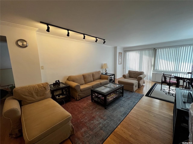 living room featuring hardwood / wood-style floors, crown molding, and rail lighting