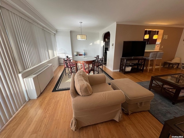 living room with light hardwood / wood-style floors, radiator, and ornamental molding