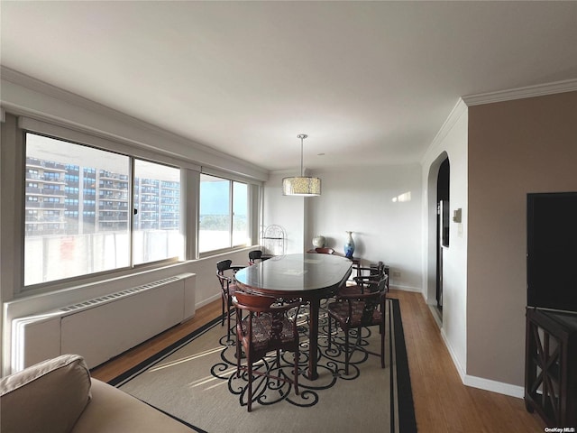 dining space featuring dark hardwood / wood-style flooring, radiator, and crown molding