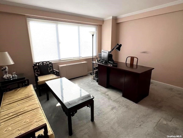 office area with light carpet, radiator, and ornamental molding