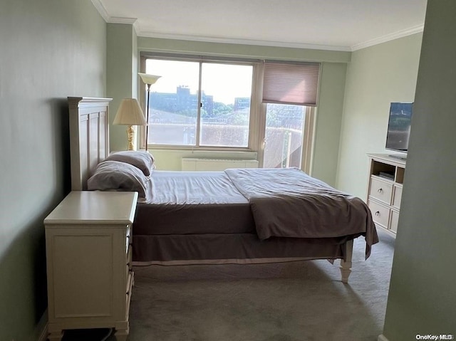 carpeted bedroom featuring crown molding