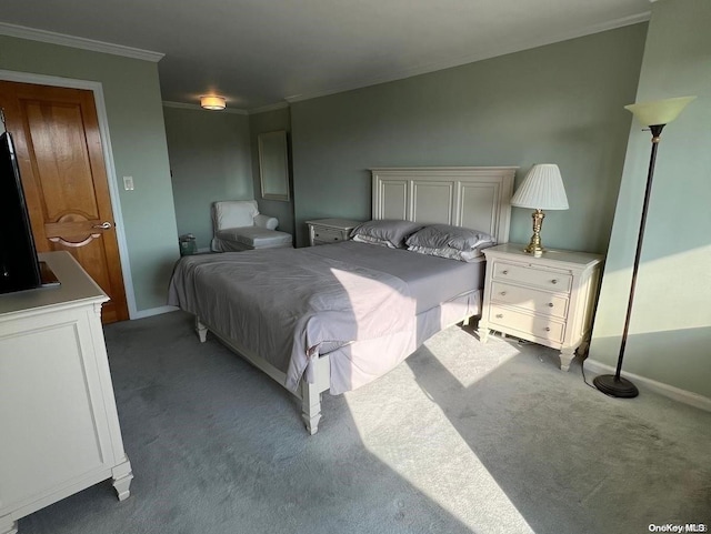 bedroom featuring light colored carpet and ornamental molding