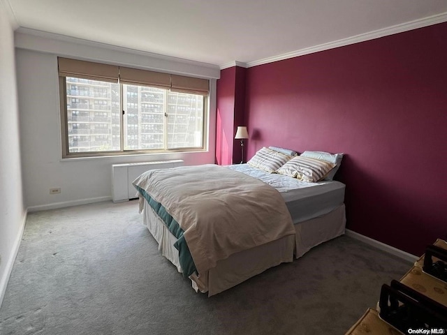 bedroom featuring carpet flooring, ornamental molding, and radiator