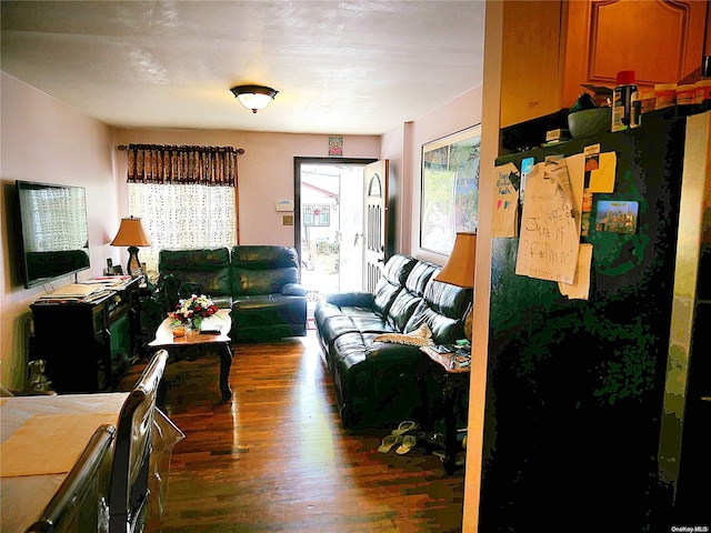 living room with dark hardwood / wood-style flooring