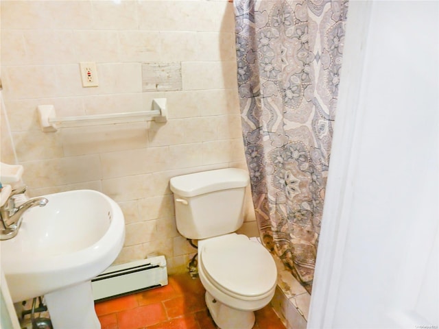 bathroom featuring a shower with curtain, sink, a baseboard radiator, tile walls, and toilet