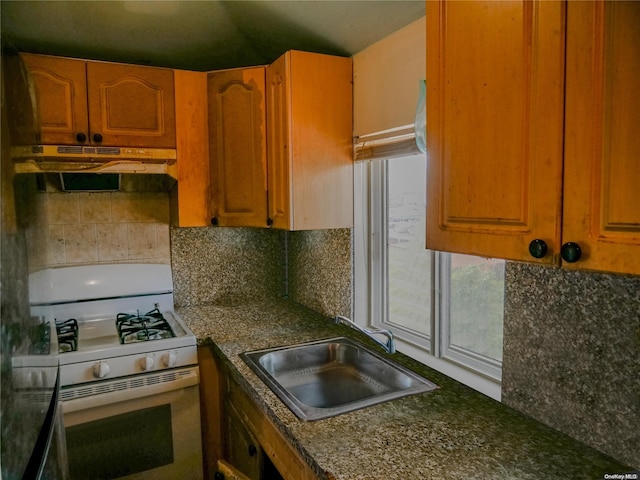 kitchen featuring tasteful backsplash, white gas range, and sink