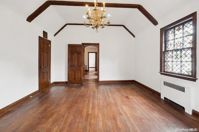 interior space with radiator, high vaulted ceiling, dark wood-type flooring, and a notable chandelier