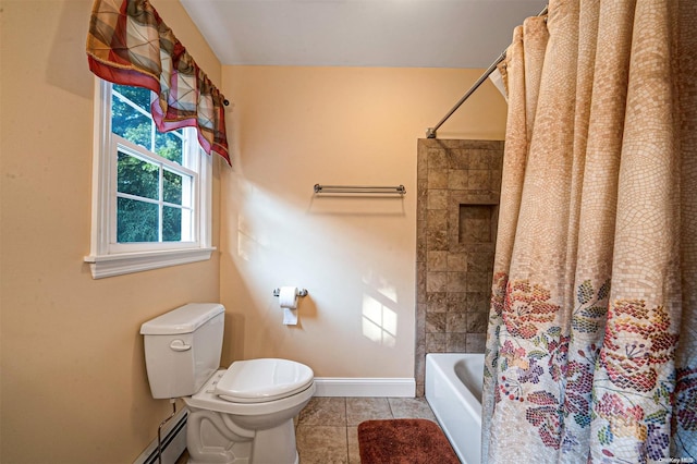 bathroom featuring tile patterned flooring, toilet, and shower / bathtub combination with curtain