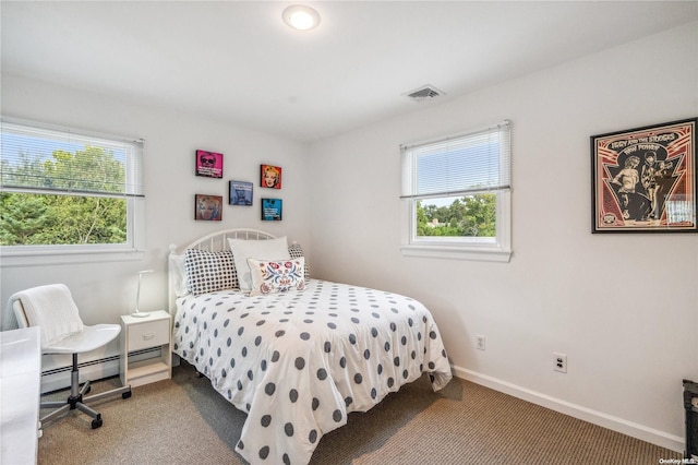 bedroom featuring carpet floors, baseboard heating, and multiple windows