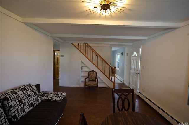 living room featuring dark hardwood / wood-style flooring, beamed ceiling, and a baseboard radiator