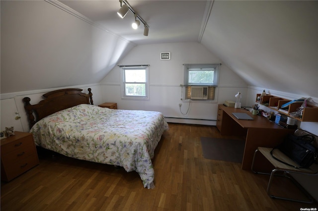 bedroom featuring a baseboard heating unit, cooling unit, rail lighting, vaulted ceiling, and dark hardwood / wood-style floors