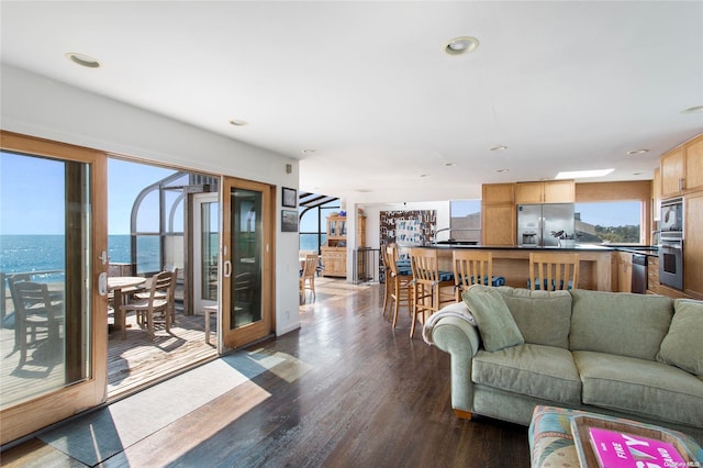 living room with a water view and dark hardwood / wood-style floors