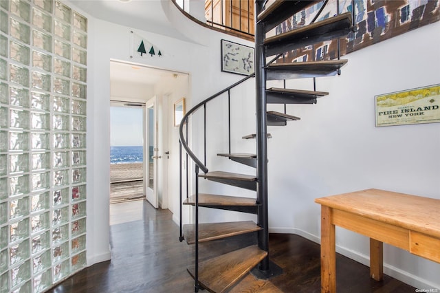 stairway with hardwood / wood-style flooring