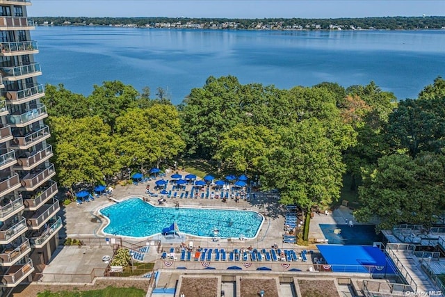 drone / aerial view with a water view