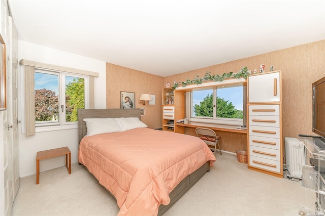 carpeted bedroom featuring radiator