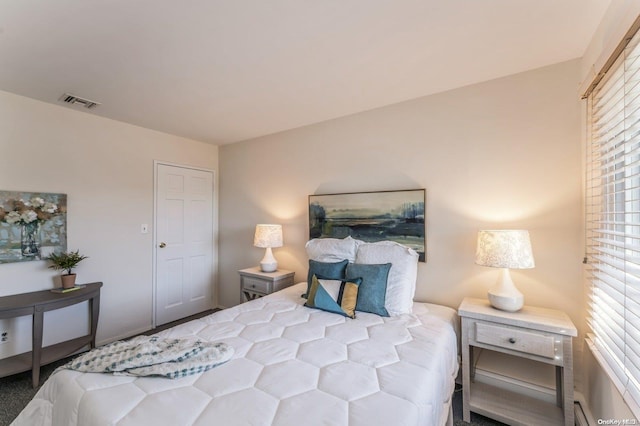 bedroom featuring carpet floors, baseboard heating, and multiple windows