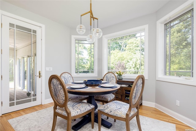 dining area with a wealth of natural light and light hardwood / wood-style flooring