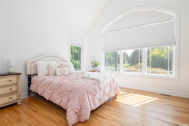 bedroom with light hardwood / wood-style floors and lofted ceiling