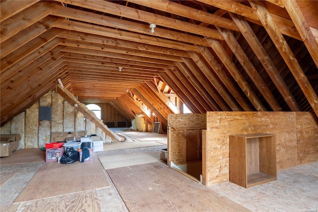 attic featuring electric panel