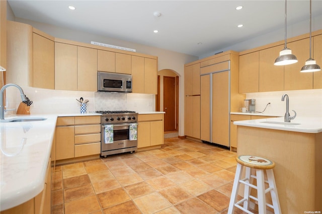 kitchen with decorative backsplash, high quality appliances, light brown cabinets, and sink