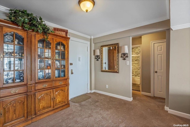 interior space with light colored carpet and ornamental molding