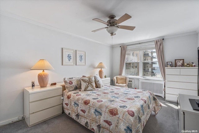 carpeted bedroom featuring ceiling fan, radiator heating unit, cooling unit, and crown molding