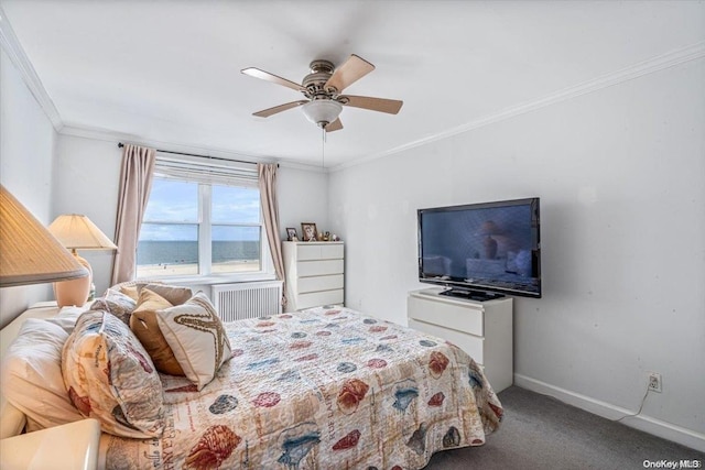 carpeted bedroom with radiator, ceiling fan, and ornamental molding