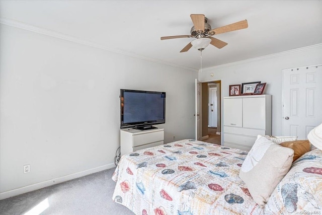 bedroom featuring light colored carpet, ceiling fan, and crown molding