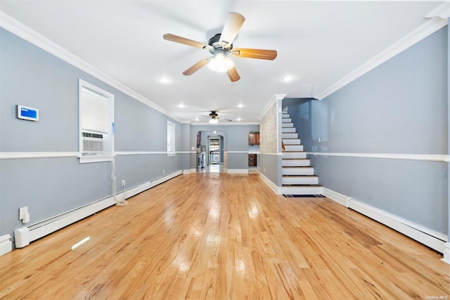 unfurnished living room with ceiling fan, light hardwood / wood-style floors, ornamental molding, and a baseboard heating unit