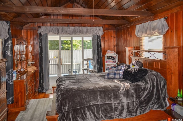 bedroom with vaulted ceiling with beams, hardwood / wood-style flooring, wooden ceiling, and wood walls