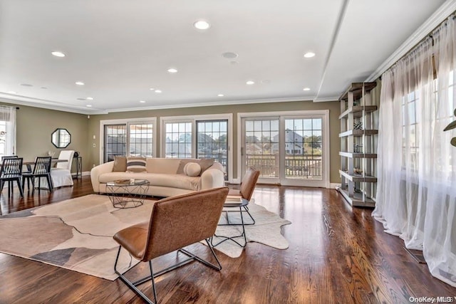 living room with ornamental molding and dark wood-type flooring