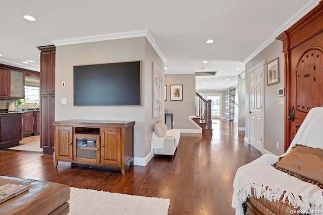 living room with dark hardwood / wood-style floors, ornamental molding, and a wealth of natural light