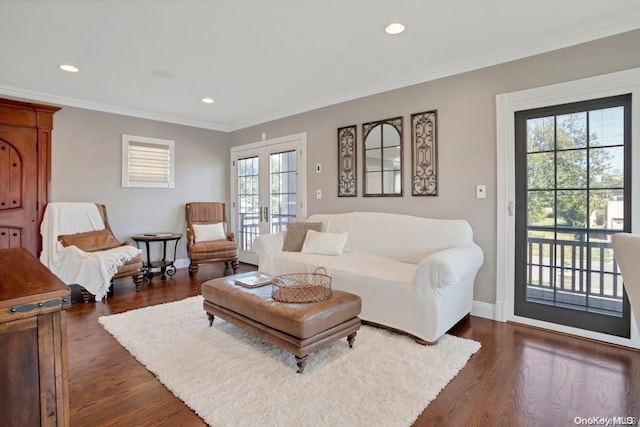 living room featuring plenty of natural light, crown molding, dark wood-type flooring, and french doors