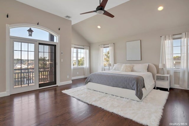 bedroom with access to exterior, vaulted ceiling, ceiling fan, and dark wood-type flooring