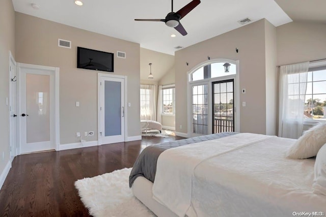 bedroom featuring access to outside, ceiling fan, dark hardwood / wood-style flooring, and high vaulted ceiling