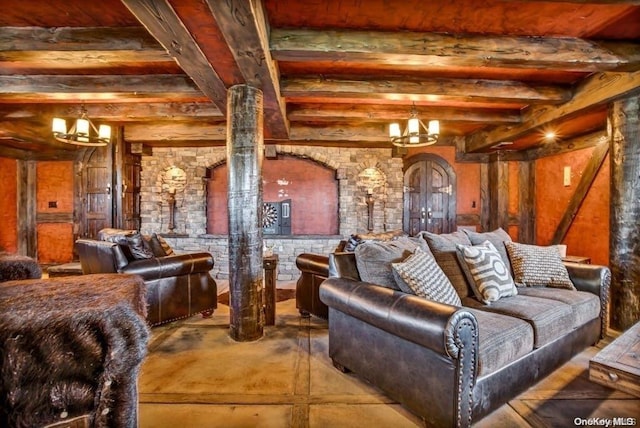 interior space with beamed ceiling and an inviting chandelier