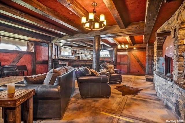 living room with beamed ceiling, a wealth of natural light, a notable chandelier, and wood walls