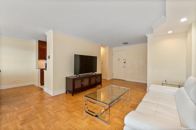 living room featuring light parquet flooring and ornamental molding