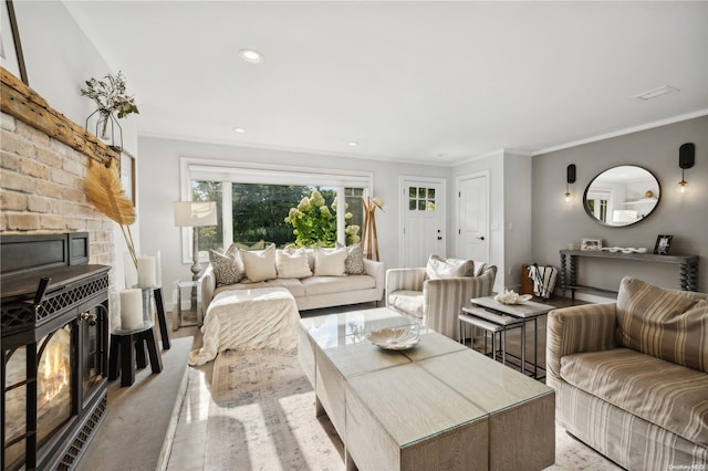 living room with ornamental molding