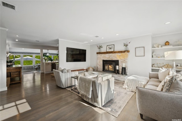 living room with dark hardwood / wood-style flooring