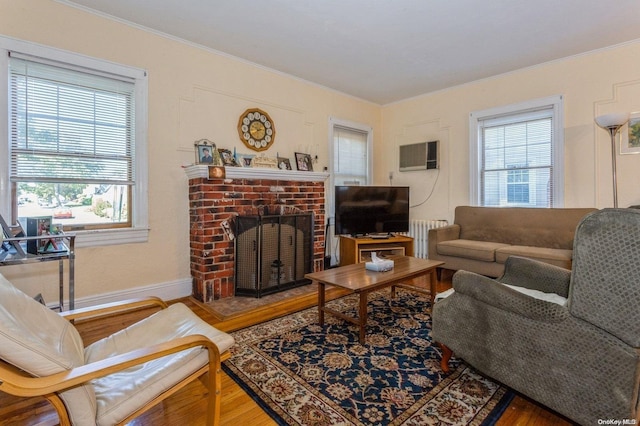 living room with a healthy amount of sunlight, wood-type flooring, and radiator heating unit